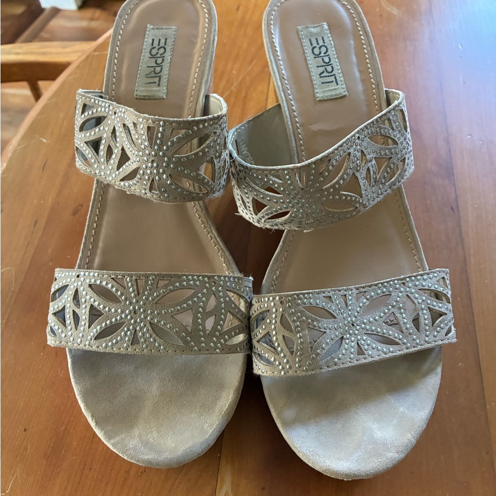 Esprit Women's Taupe Metallic Cutout Double-Strap Slide Sandals